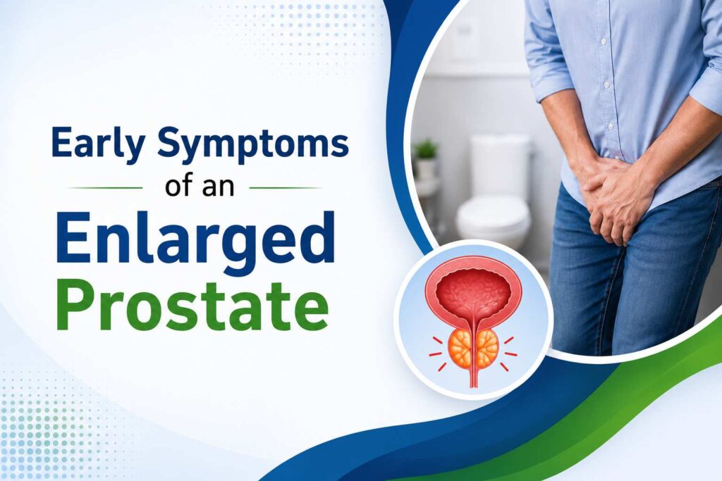 Early Symptoms of an Enlarged Prostate illustrated with a man experiencing urinary discomfort and a detailed prostate anatomy diagram highlighting common signs of BPH.