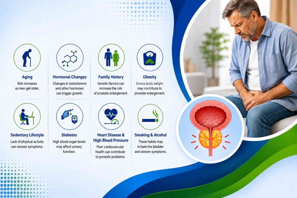 Causes of Early Symptoms of an Enlarged Prostate infographic showing aging, hormonal changes, family history, obesity, sedentary lifestyle, diabetes, heart disease, and smoking as common risk factors.