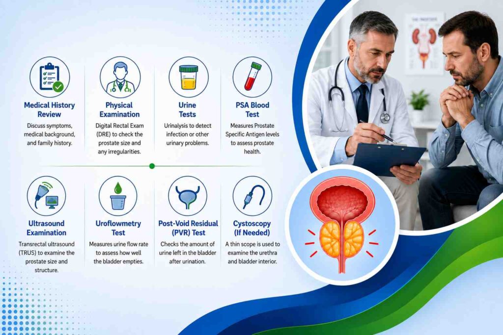 Diagnosis of Early Symptoms of an Enlarged Prostate infographic showing medical history review, physical examination, urine tests, PSA blood test, ultrasound, uroflowmetry, post-void residual test, and cystoscopy.