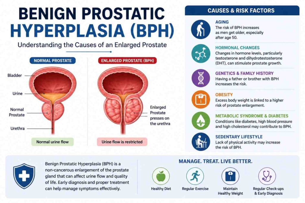 Anatomical illustration of benign prostatic hyperplasia showing an enlarged prostate gland beneath the bladder, with key risk factors and causes contributing to prostate enlargement.