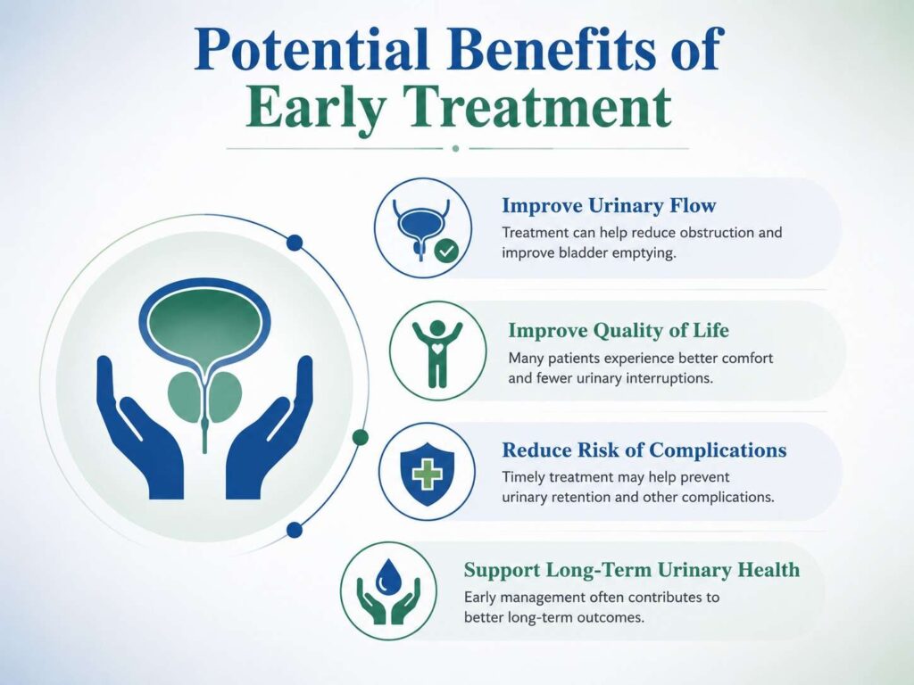 Potential Benefits of Early Treatment for enlarged prostate showing improved urinary flow, better quality of life, reduced complications, and long-term urinary health