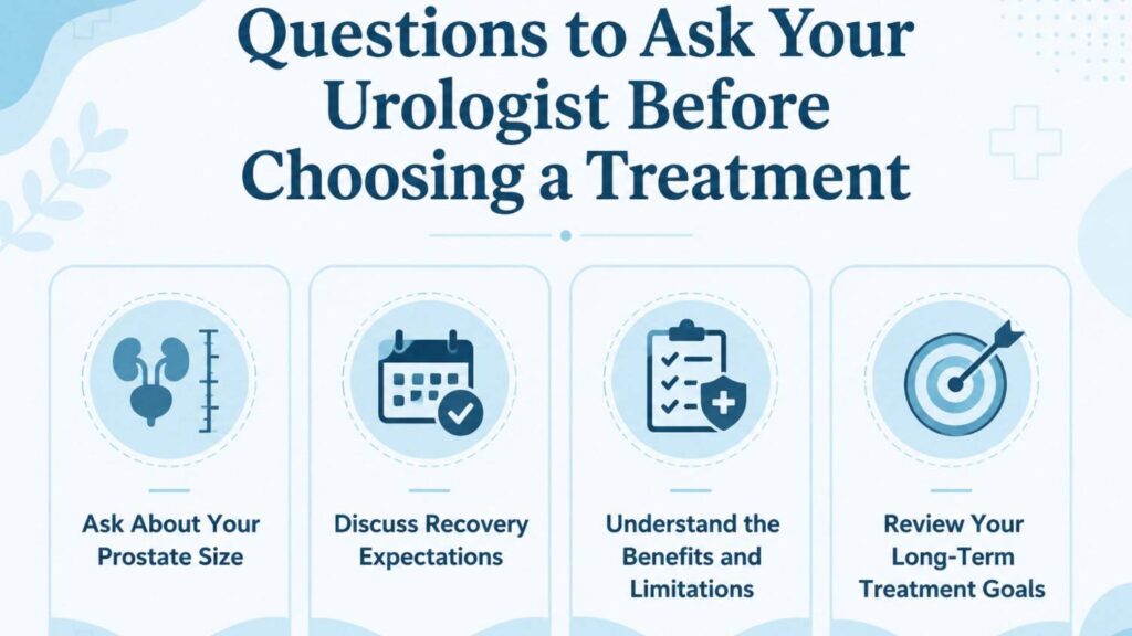 Questions to ask your urologist before choosing a treatment for REZUM vs Laser Treatment for BPH, including prostate size, recovery expectations, treatment benefits, and long-term goals.