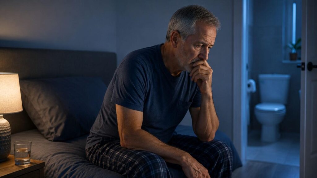 Middle-aged man sitting on the edge of his bed at night, looking concerned while facing an open bathroom door, illustrating urinary discomfort and sleep disruption associated with BPH symptoms. when should you see a doctor for bph