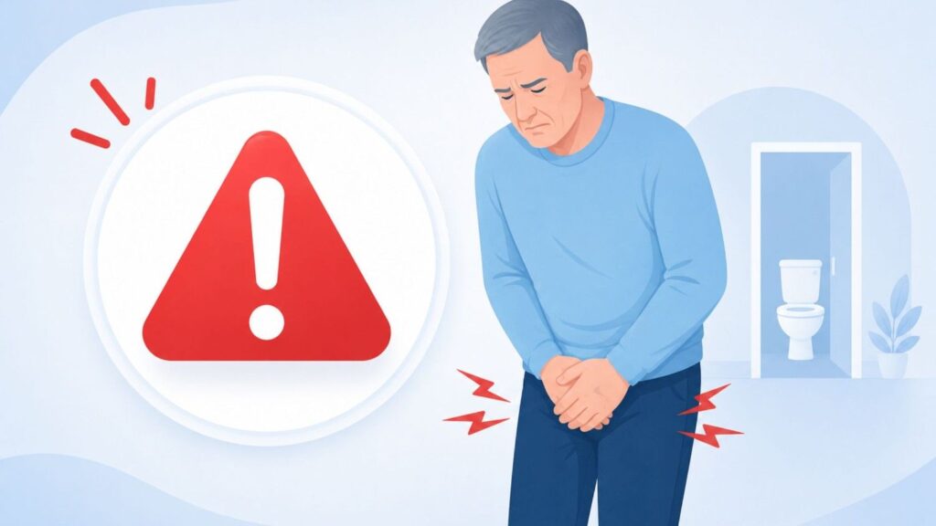 Medical warning illustration showing a red alert icon beside a man experiencing urinary discomfort, highlighting symptoms that may require prompt medical attention.