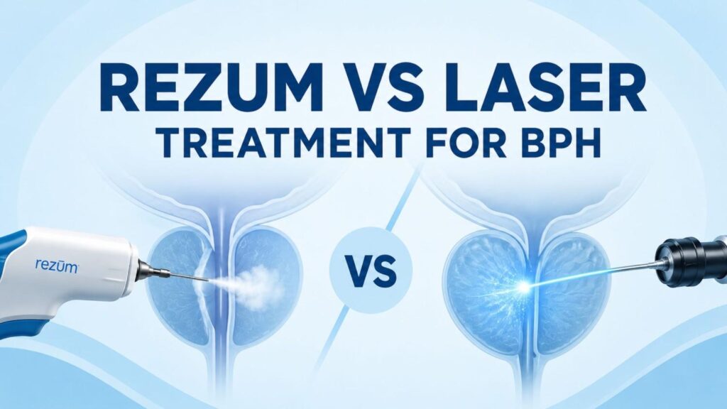 Comparison infographic showing REZUM vs Laser Treatment for BPH, illustrating how water vapor therapy and laser treatment help relieve urinary symptoms caused by an enlarged prostate.