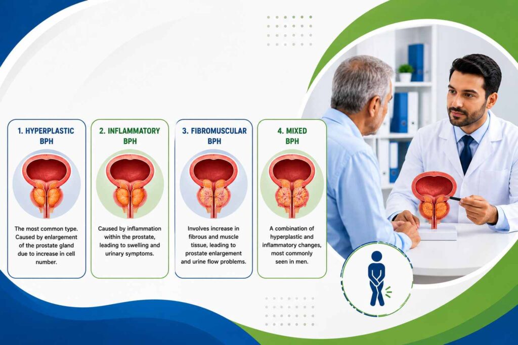 Types of BPH including hyperplastic BPH, inflammatory BPH, fibromuscular BPH, and mixed BPH illustrated with prostate diagrams.