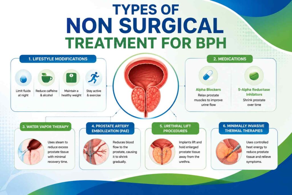 Types of non surgical treatment for BPH infographic showing medications, lifestyle changes, water vapor therapy, PAE, and minimally invasive procedures
