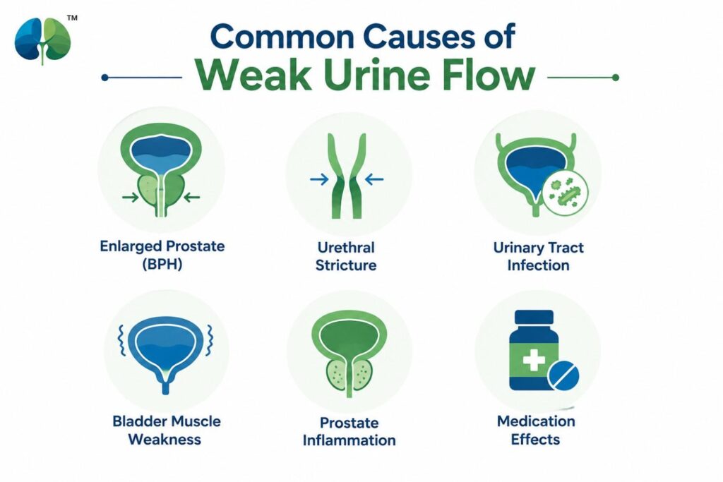 Medical illustration showing the common causes of weak urine flow, including enlarged prostate, urethral stricture, urinary tract infection, bladder muscle weakness, prostate inflammation, and medication effects.