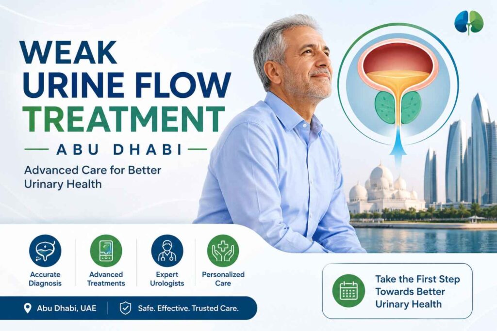 Featured medical image for Weak Urine Flow Treatment in Abu Dhabi, showing an enlarged prostate illustration, a patient, and modern urology care for improved urinary health.