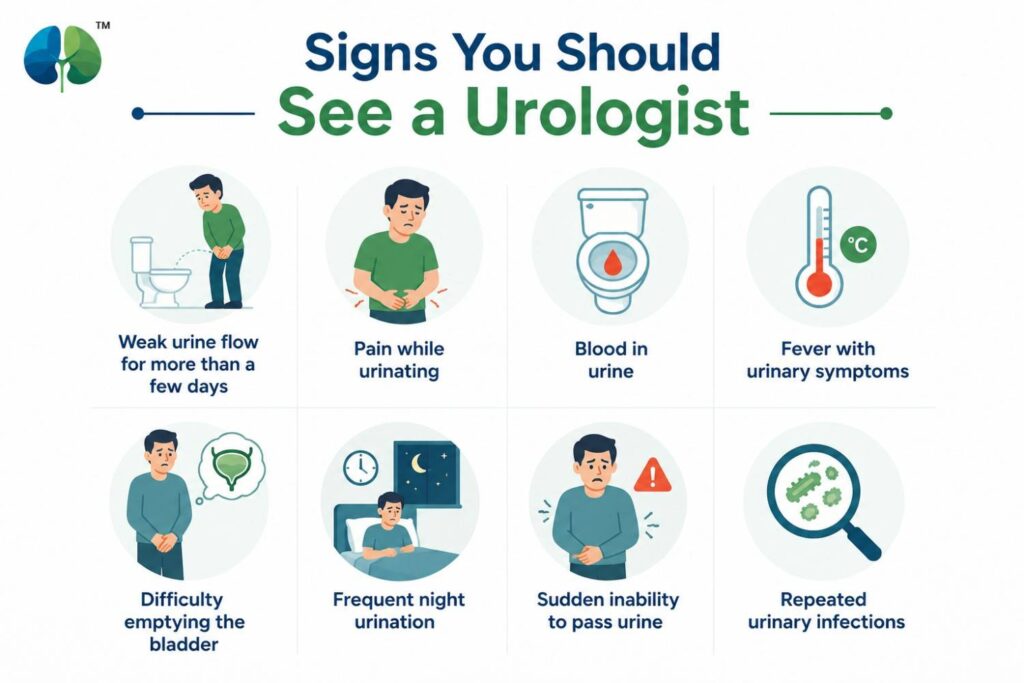 Medical infographic showing warning signs that require medical attention for urinary problems, including weak urine flow, painful urination, blood in urine, fever, difficulty emptying the bladder, frequent night urination, inability to pass urine, and repeated urinary infections.