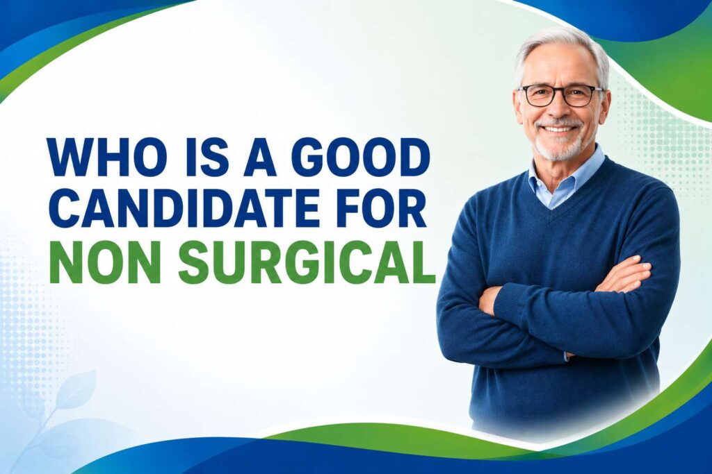 Who is a good candidate for non surgical treatment for BPH infographic featuring a patient considering enlarged prostate treatment options