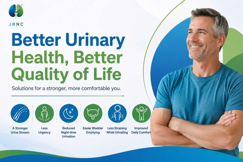 Medical infographic highlighting the benefits of improved urinary health, including a stronger urine stream, reduced urgency, easier bladder emptying, and improved daily comfort in a blue and green healthcare-themed design.
