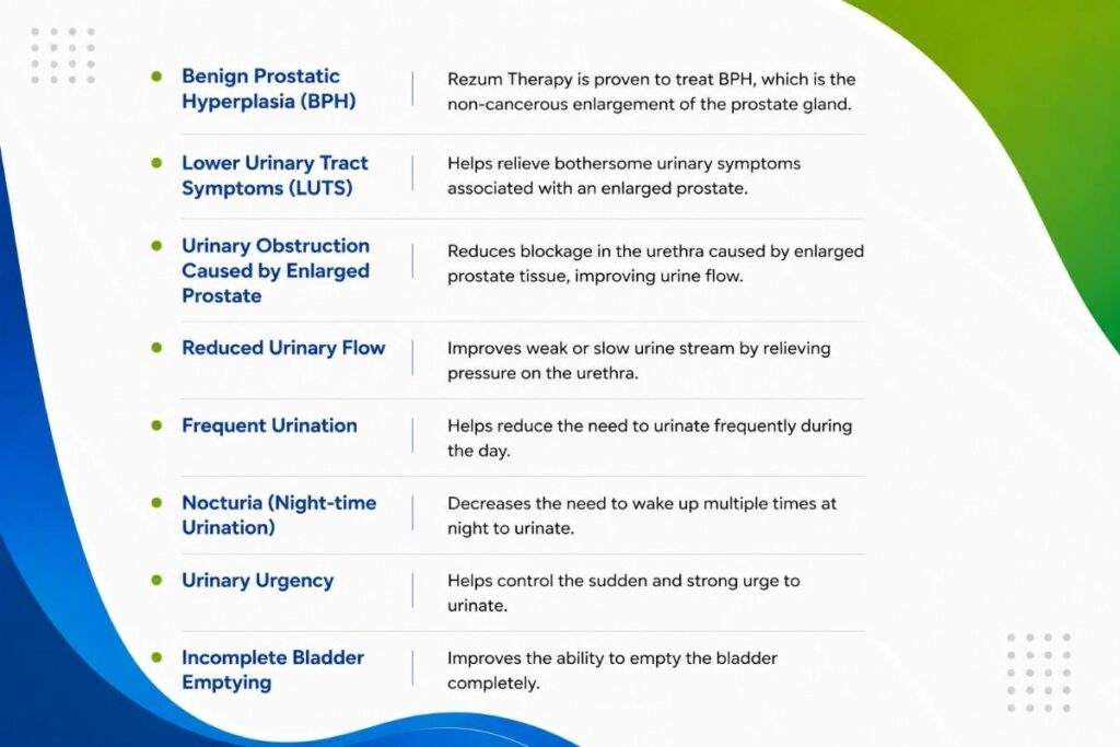Infographic outlining the conditions treated with Rezum Therapy, including BPH, lower urinary tract symptoms, urinary obstruction, weak urine flow, frequent urination, nocturia, urinary urgency, and incomplete bladder emptying.