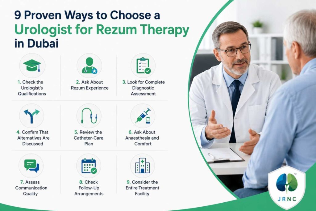 Medical infographic outlining nine proven ways to choose a urologist for Rezum therapy in Dubai, featuring a doctor consulting a patient with icons representing qualifications, experience, diagnostics, communication, follow-up care, and treatment facility.