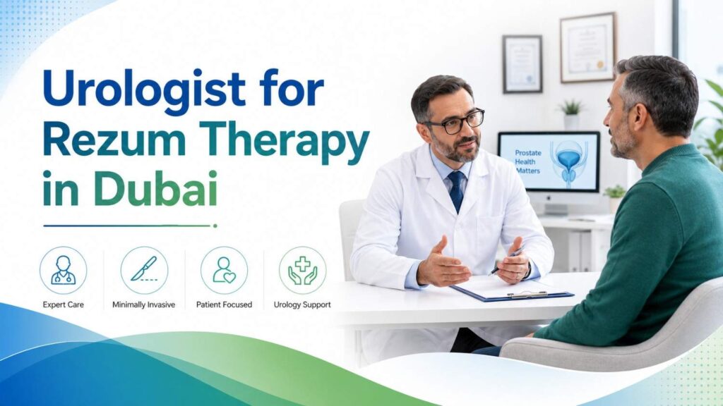 Urologist for Rezum Therapy in Dubai consulting a male patient about minimally invasive treatment for enlarged prostate symptoms.