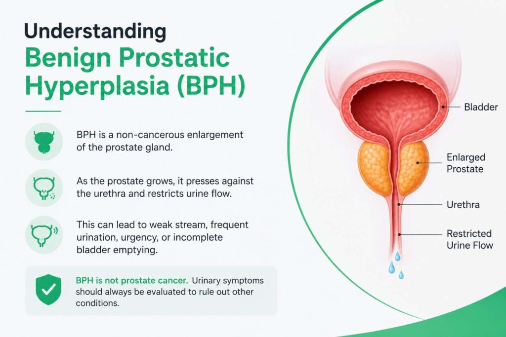 Medical infographic explaining benign prostatic hyperplasia (BPH), featuring a simplified anatomical illustration of the bladder, enlarged prostate, and urethra with a clean green and white healthcare design