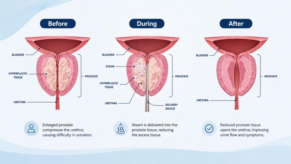 Rezum Therapy Clinic in Dubai infographic showing before, during, and after treatment for enlarged prostate (BPH)