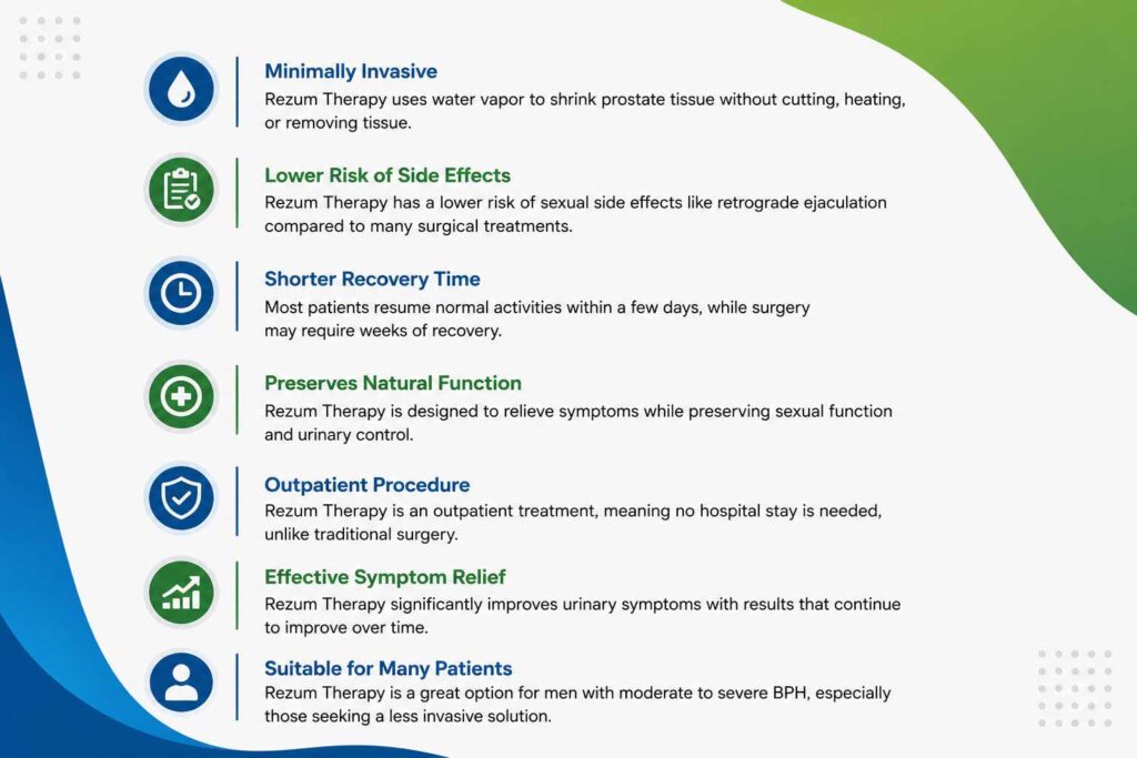Infographic comparing Rezum Therapy with other BPH treatments, highlighting minimally invasive treatment, faster recovery, fewer side effects, and effective symptom relief.