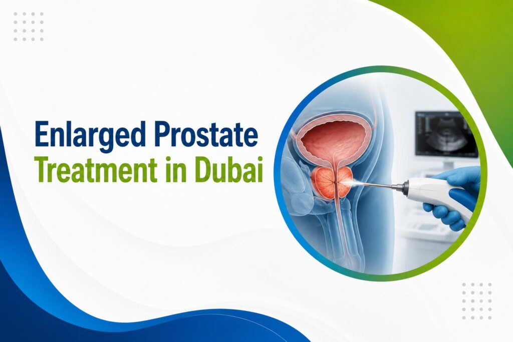 Illustration of Enlarged Prostate Treatment in Dubai showing a modern minimally invasive prostate procedure with a medical anatomical graphic.