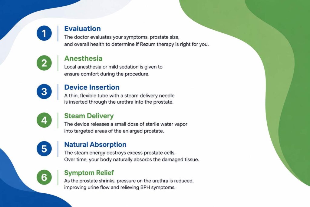 Infographic explaining the step-by-step process of Rezum therapy for treating an enlarged prostate using water vapor.