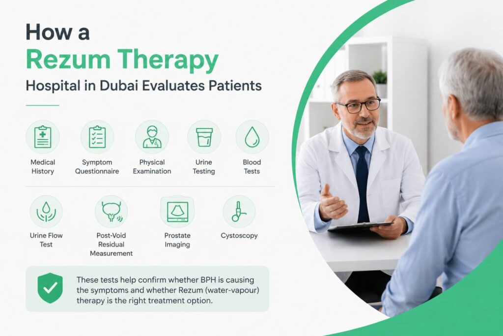Medical infographic showing how a Rezum Therapy hospital in Dubai evaluates patients, featuring a doctor consulting with a patient and icons representing medical history, symptom assessment, urine and blood tests, prostate imaging, and cystoscopy.