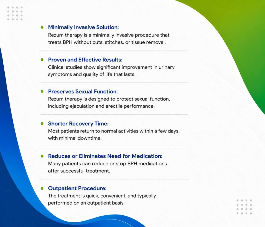 Infographic highlighting the benefits of choosing a Rezum Therapy Specialist, including minimally invasive treatment, quick recovery, preserved sexual function, and effective BPH symptom relief.