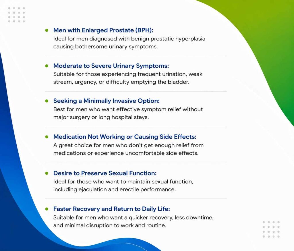 Infographic explaining who can benefit from a Rezum Therapy Specialist, including men with BPH, urinary symptoms, and those seeking minimally invasive prostate treatment.