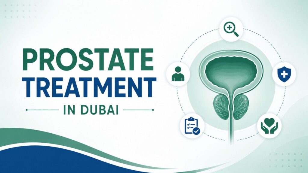 Feature banner illustrating Prostate Treatment in Dubai with a medical prostate diagram and healthcare icons representing advanced diagnosis, minimally invasive treatment, and expert urology care.