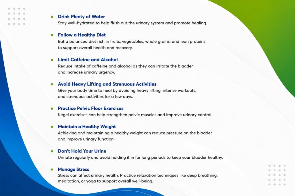 Infographic outlining lifestyle tips after Rezum Therapy, including hydration, healthy eating, exercise, and bladder care for recovery.