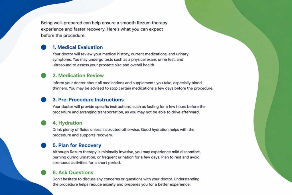 Infographic outlining the key steps to prepare for Rezum therapy, including medical evaluation, medication review, hydration, and recovery planning.
