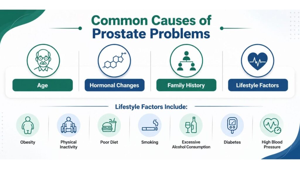Infographic showing the common causes of prostate problems, including age, hormonal changes, family history, obesity, physical inactivity, poor diet, smoking, excessive alcohol consumption, diabetes, and high blood pressure related to Prostate Treatment in Dubai.