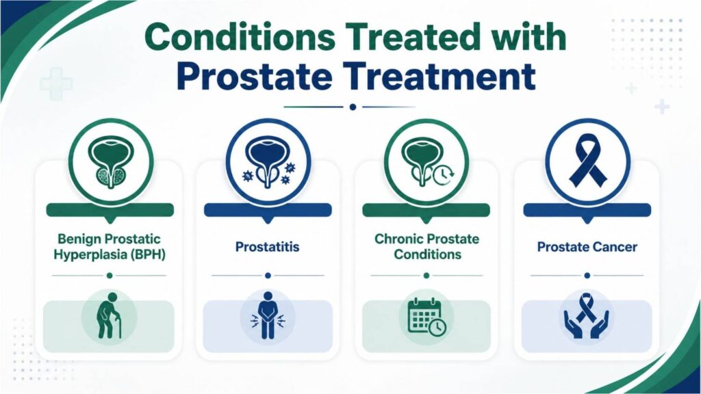 Infographic illustrating the conditions treated with Prostate Treatment in Dubai, including Benign Prostatic Hyperplasia (BPH), prostatitis, chronic prostate conditions, and prostate cancer.