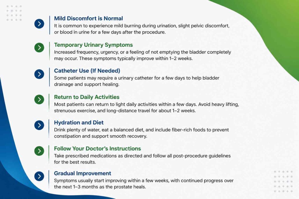 Infographic outlining recovery tips after Rezum Therapy, including hydration, activity restrictions, catheter care, and gradual symptom improvement.