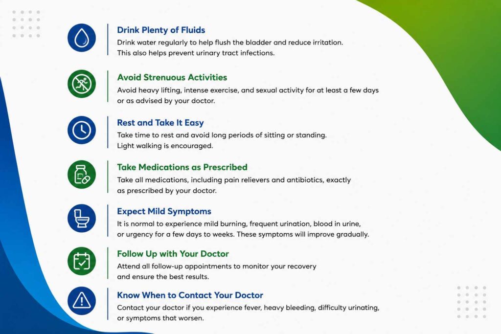 Recovery Tips After Rezum Therapy infographic outlining essential post-procedure care, including hydration, rest, medication, follow-up care, and activity restrictions.