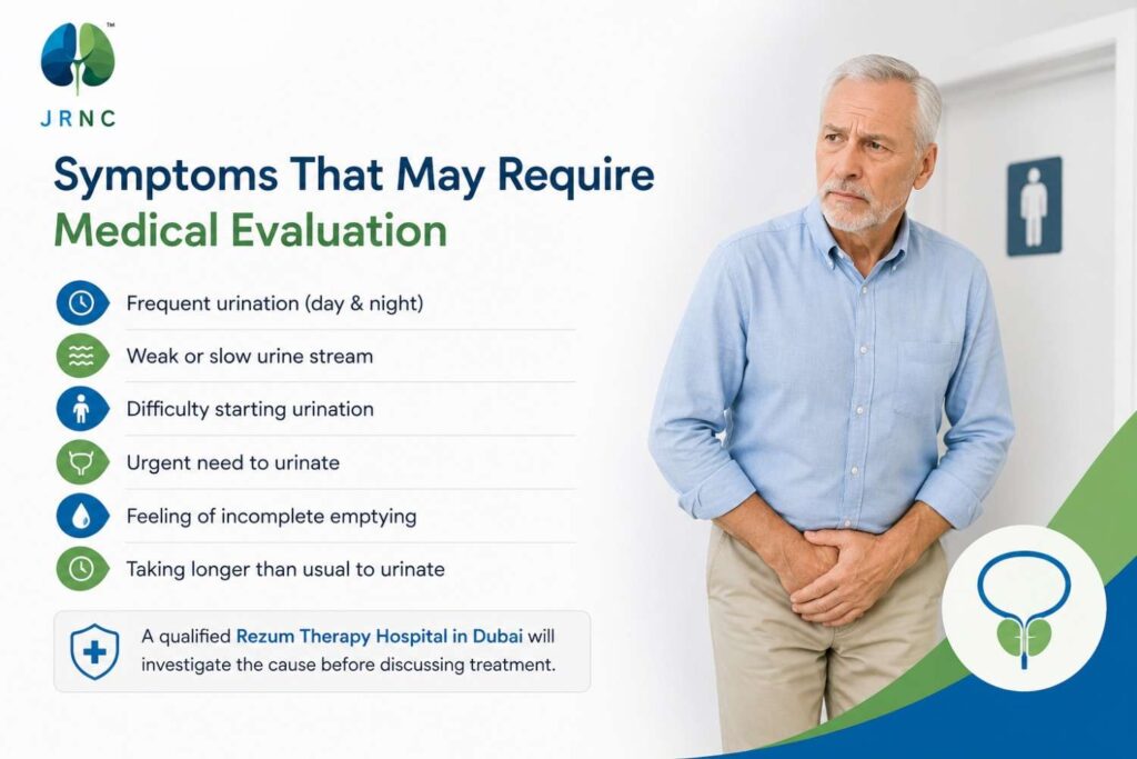 Medical infographic illustrating symptoms that may require medical evaluation for an enlarged prostate (BPH), featuring an older man with urinary discomfort and a blue and green healthcare-themed design.