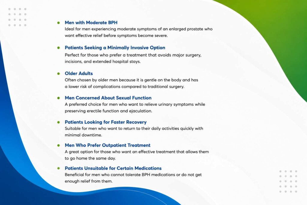 Infographic explaining the types of patients who often choose Rezum Therapy for minimally invasive treatment of benign prostatic hyperplasia (BPH).