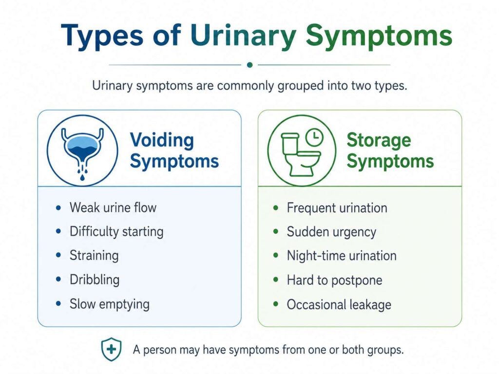 Types of urinary symptoms infographic comparing voiding symptoms and storage symptoms using blue, teal, and green medical icons.