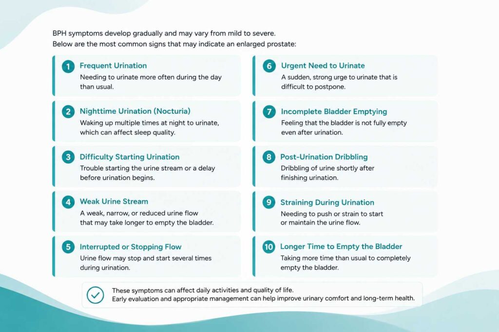 Common symptoms of BPH including frequent urination, weak urine stream, urgency, and incomplete bladder emptying