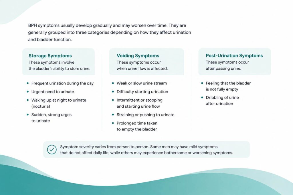 Common symptoms of BPH including urinary frequency, weak urine stream, and incomplete bladder emptying