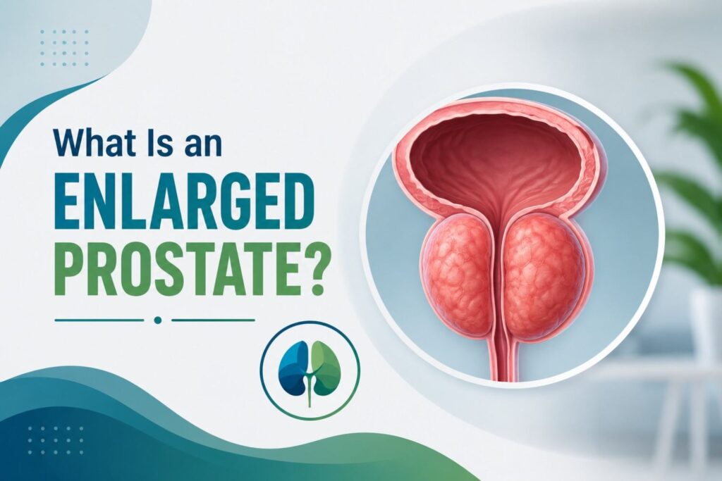 What is an enlarged prostate? Medical illustration showing an enlarged prostate surrounding the urethra beneath the bladder.
