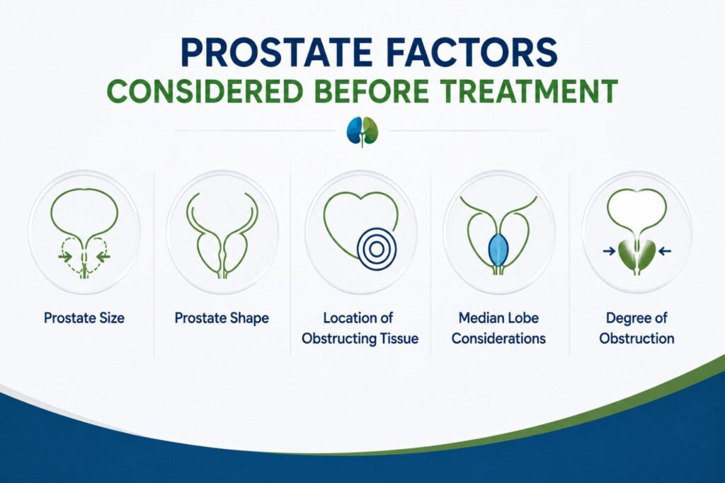 Prostate factors considered before Rezum treatment including size, shape, obstruction location, median lobe, and obstruction severity