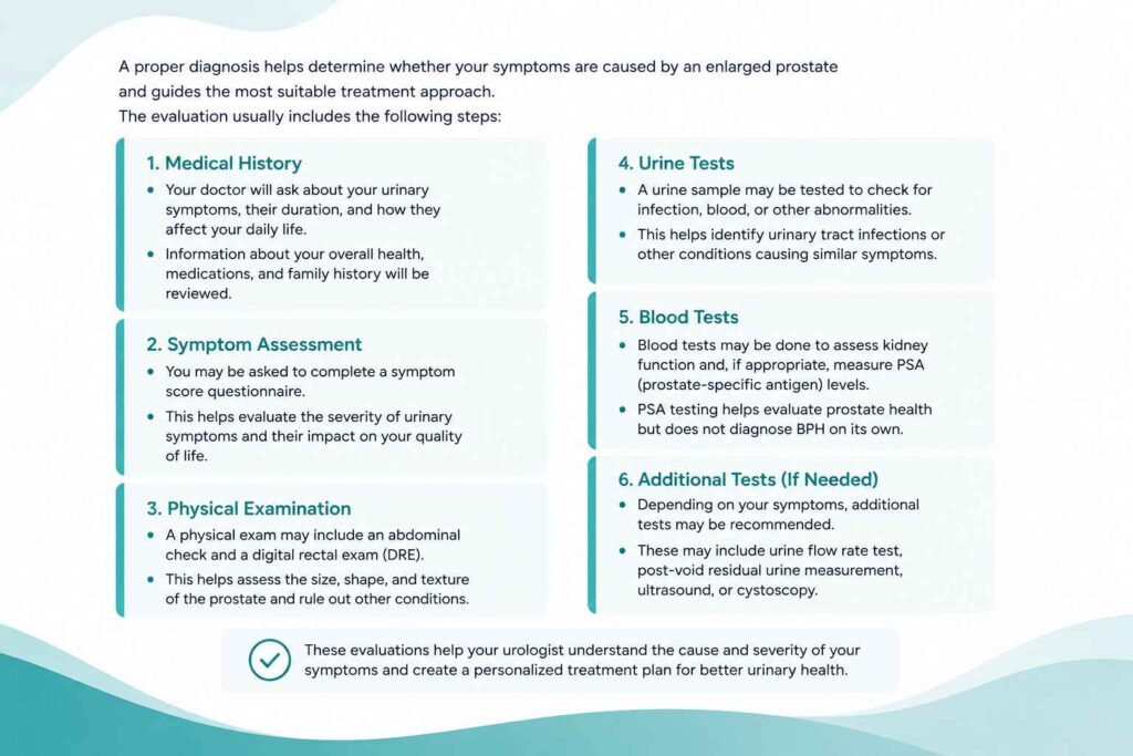 How an enlarged prostate is diagnosed through medical evaluation and tests