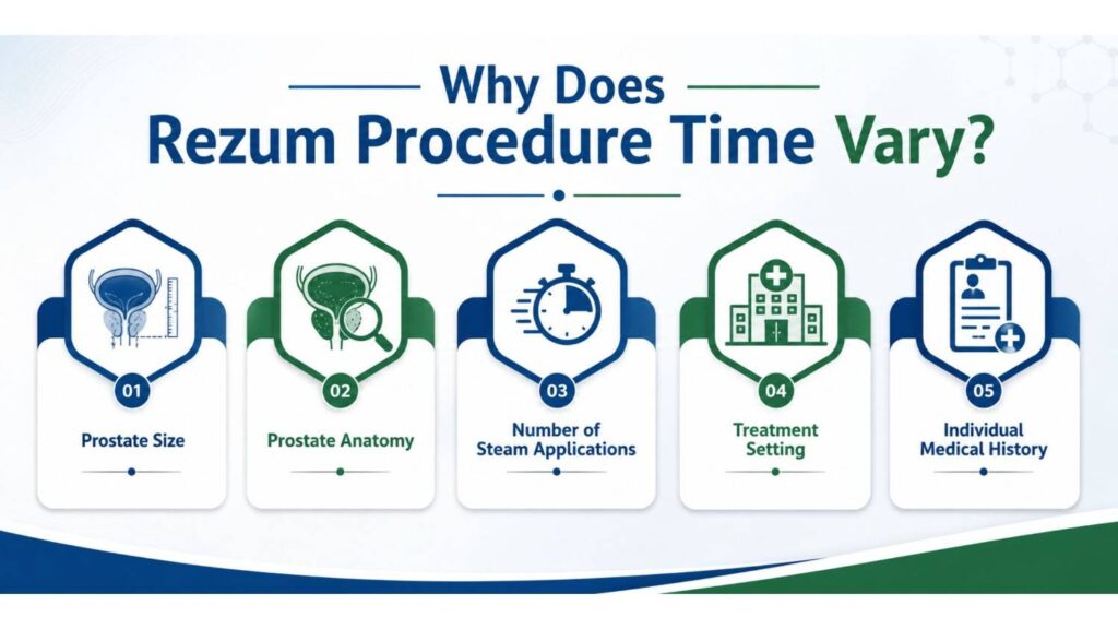 How Long Does Rezum Treatment Take? Factors affecting Rezum procedure time including prostate size, anatomy, steam applications, treatment setting, and medical history