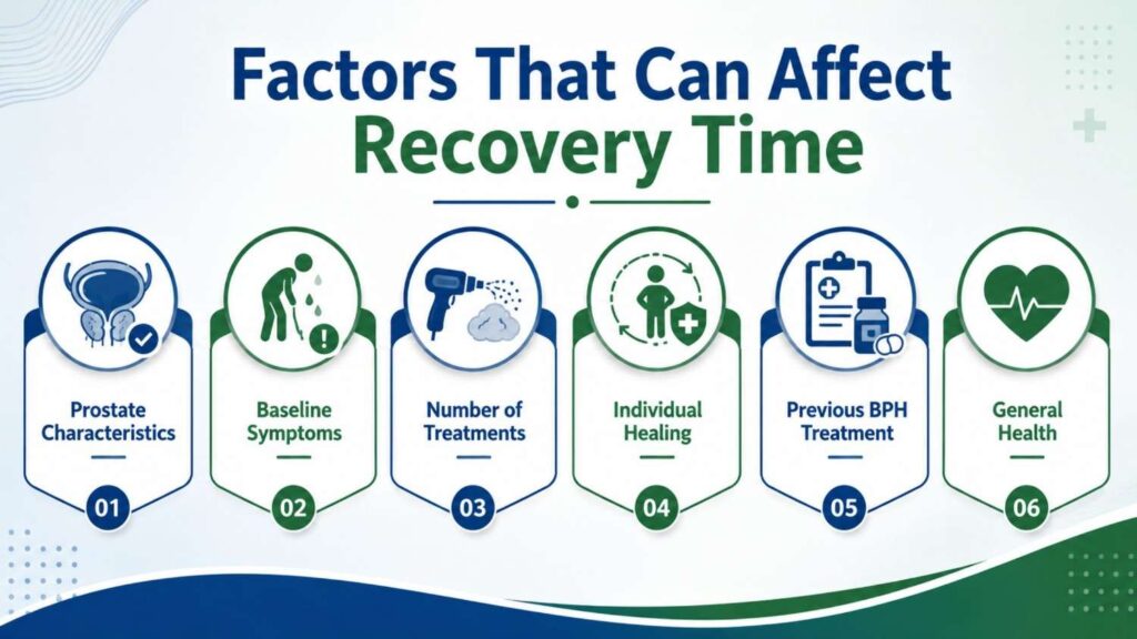 How Long Does Rezum Treatment Take? Factors affecting Rezum recovery time including prostate characteristics, baseline symptoms, number of treatments, individual healing, previous BPH treatment, and general health