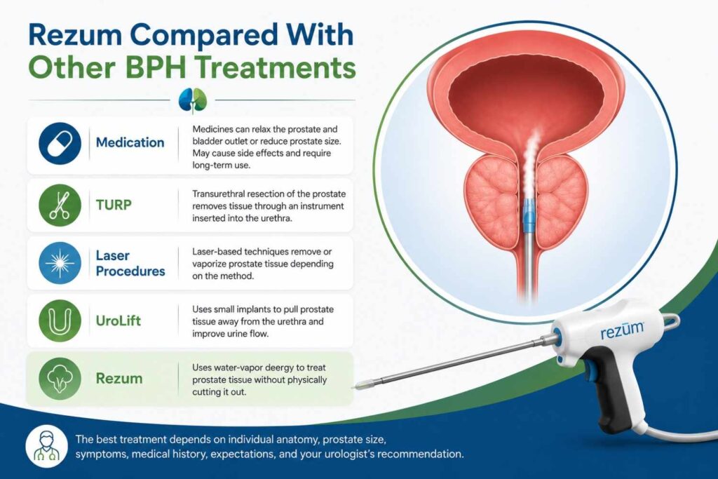 Rezum compared with other BPH treatments including medication, TURP, laser procedures, and UroLift