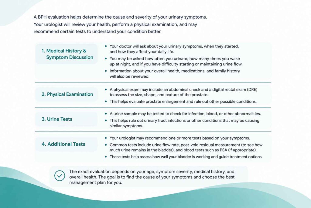 What happens during a BPH evaluation including medical history, physical examination, urine tests, and additional tests